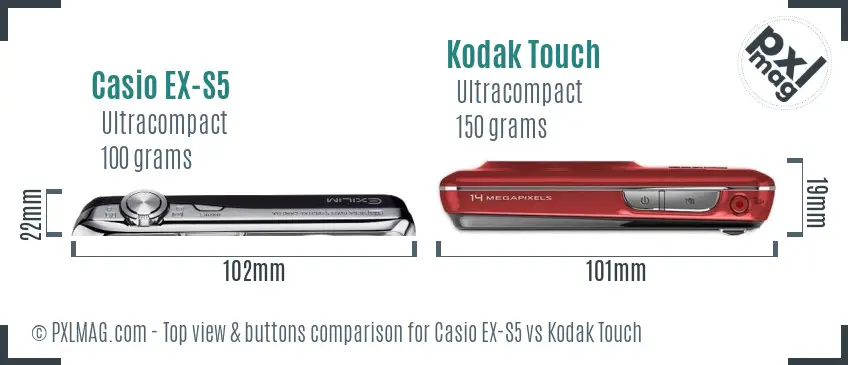 Casio EX-S5 vs Kodak Touch top view buttons comparison Casio EX-S5 vs Kodak Touch top view buttons comparison