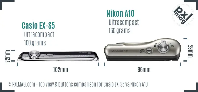 Casio EX-S5 vs Nikon A10 top view buttons comparison