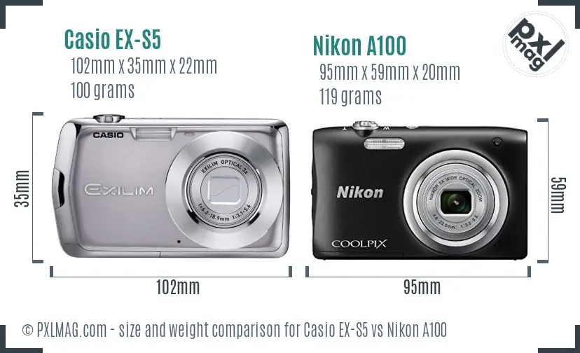 Casio EX-S5 vs Nikon A100 size comparison