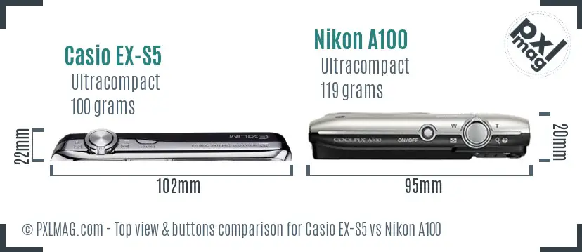 Casio EX-S5 vs Nikon A100 top view buttons comparison