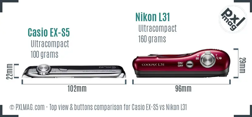 Casio EX-S5 vs Nikon L31 top view buttons comparison