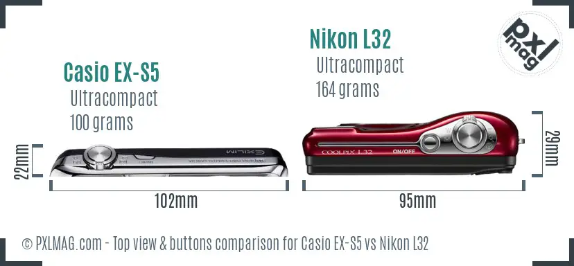 Casio EX-S5 vs Nikon L32 top view buttons comparison