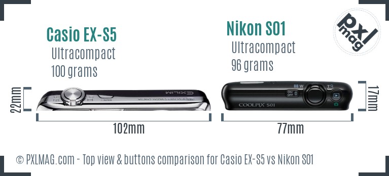 Casio EX-S5 vs Nikon S01 top view buttons comparison