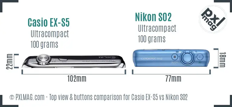 Casio EX-S5 vs Nikon S02 top view buttons comparison