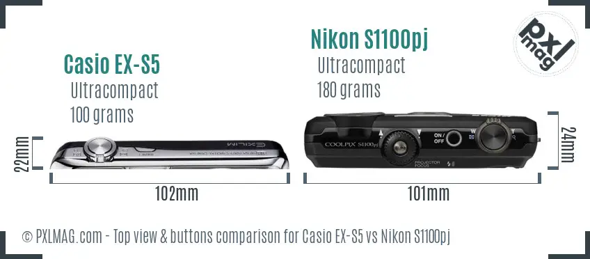 Casio EX-S5 vs Nikon S1100pj top view buttons comparison