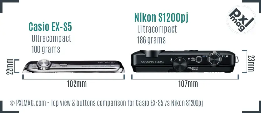 Casio EX-S5 vs Nikon S1200pj top view buttons comparison