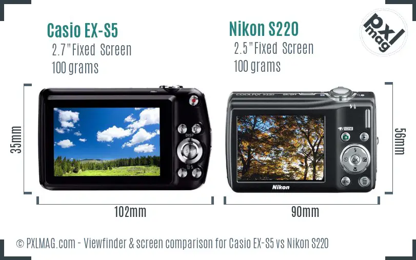 Casio EX-S5 vs Nikon S220 Screen and Viewfinder comparison