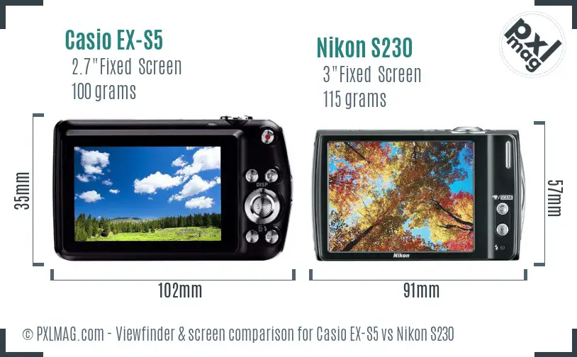 Casio EX-S5 vs Nikon S230 Screen and Viewfinder comparison