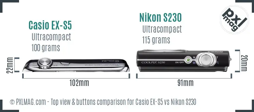 Casio EX-S5 vs Nikon S230 top view buttons comparison