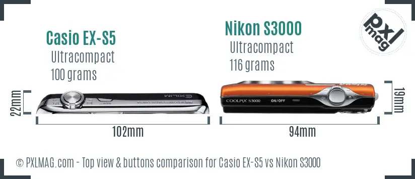 Casio EX-S5 vs Nikon S3000 top view buttons comparison