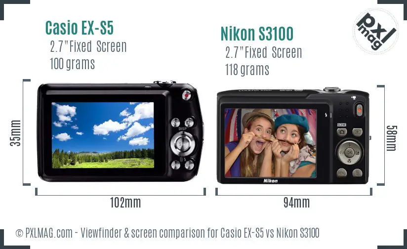 Casio EX-S5 vs Nikon S3100 Screen and Viewfinder comparison
