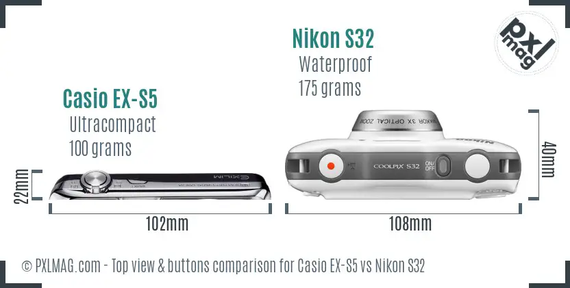 Casio EX-S5 vs Nikon S32 top view buttons comparison