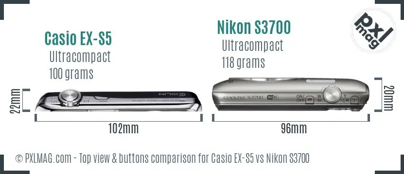 Casio EX-S5 vs Nikon S3700 top view buttons comparison