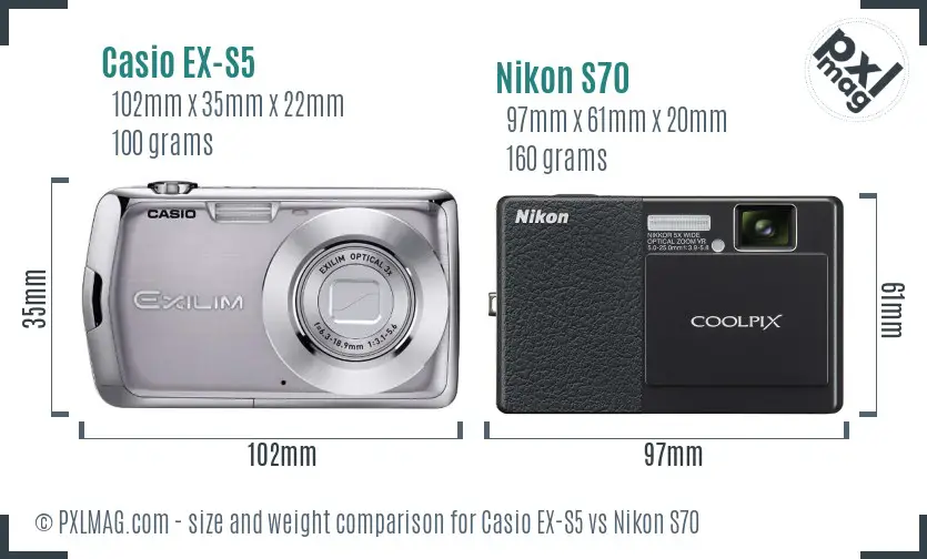 Casio EX-S5 vs Nikon S70 size comparison