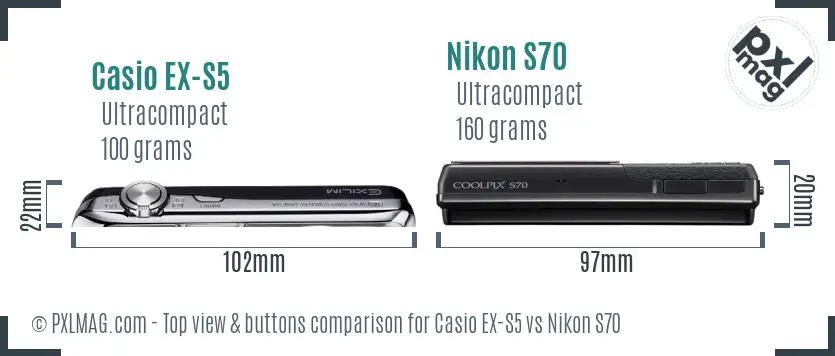 Casio EX-S5 vs Nikon S70 top view buttons comparison