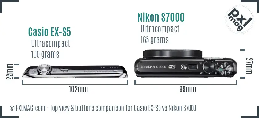 Casio EX-S5 vs Nikon S7000 top view buttons comparison