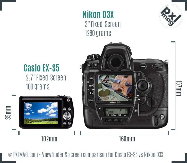 Casio EX-S5 vs Nikon D3X Screen and Viewfinder comparison