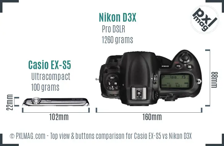 Casio EX-S5 vs Nikon D3X top view buttons comparison
