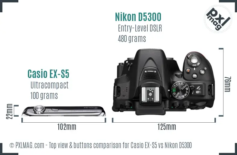 Casio EX-S5 vs Nikon D5300 top view buttons comparison