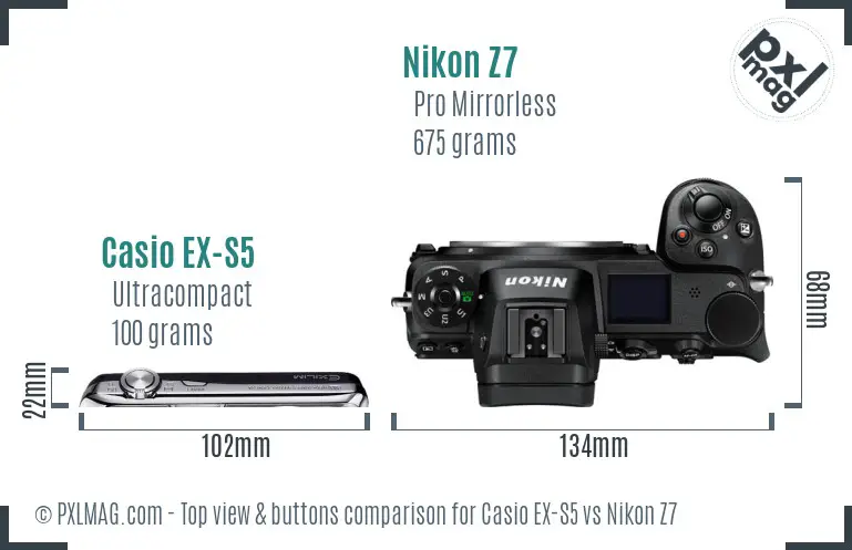 Casio EX-S5 vs Nikon Z7 top view buttons comparison