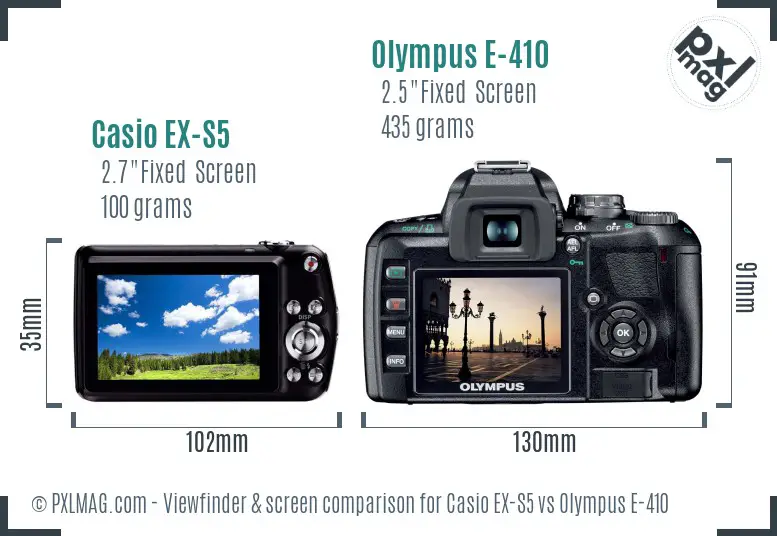 Casio EX-S5 vs Olympus E-410 Screen and Viewfinder comparison