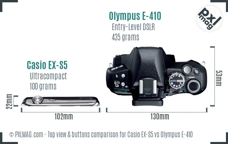 Casio EX-S5 vs Olympus E-410 top view buttons comparison