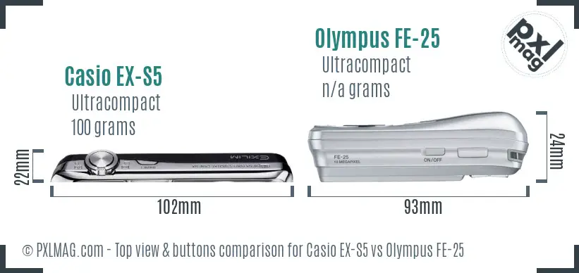 Casio EX-S5 vs Olympus FE-25 top view buttons comparison Casio EX-S5 vs Olympus FE-25 top view buttons comparison