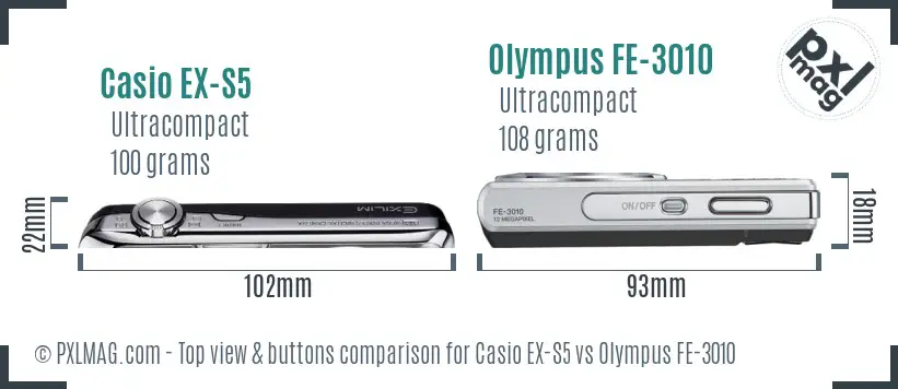 Casio EX-S5 vs Olympus FE-3010 top view buttons comparison