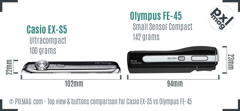 Casio EX-S5 vs Olympus FE-45 top view buttons comparison