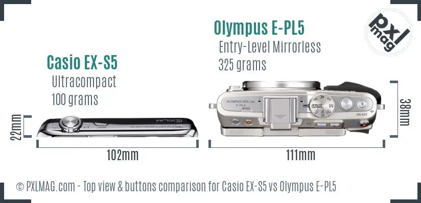 Casio EX-S5 vs Olympus E-PL5 top view buttons comparison