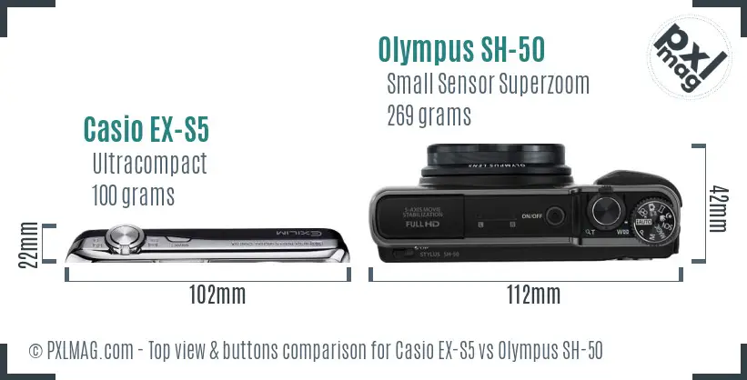 Casio EX-S5 vs Olympus SH-50 top view buttons comparison