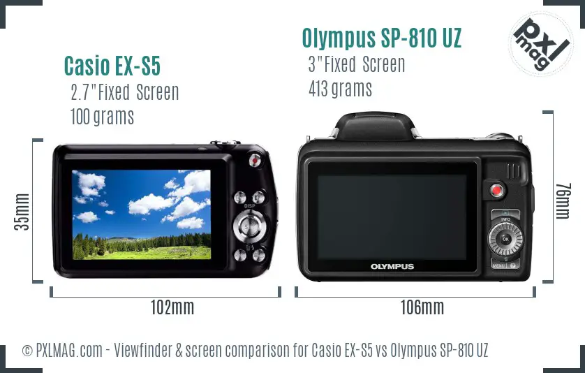 Casio EX-S5 vs Olympus SP-810 UZ Screen and Viewfinder comparison