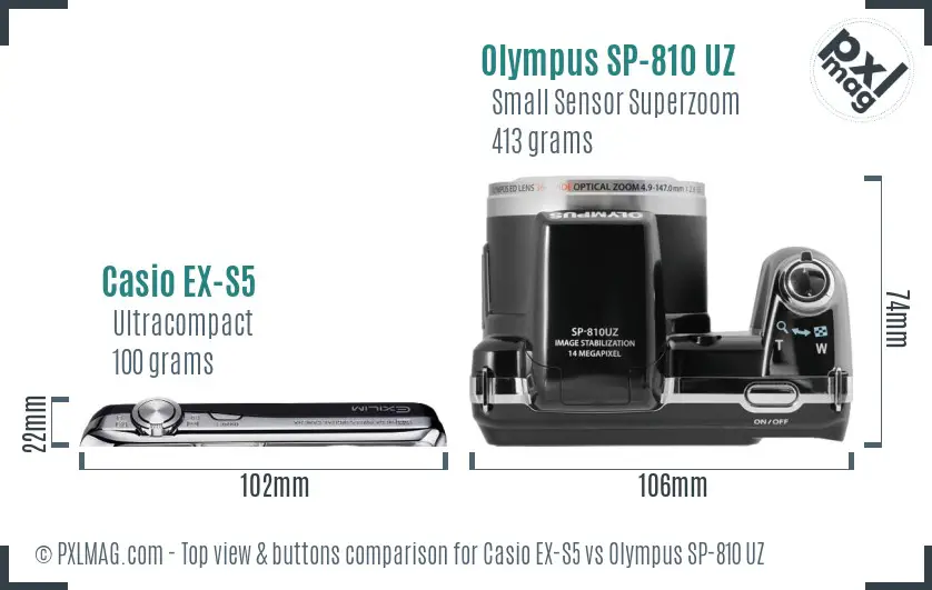 Casio EX-S5 vs Olympus SP-810 UZ top view buttons comparison
