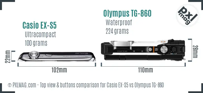 Casio EX-S5 vs Olympus TG-860 top view buttons comparison