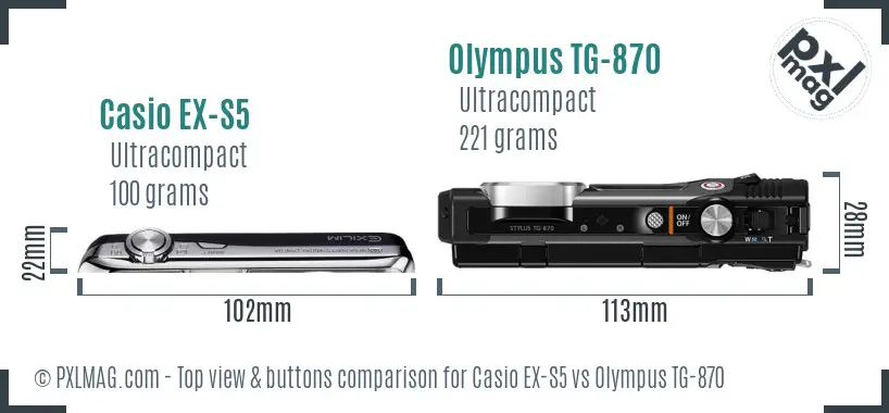 Casio EX-S5 vs Olympus TG-870 top view buttons comparison