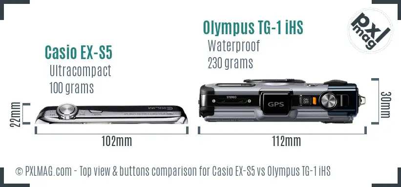 Casio EX-S5 vs Olympus TG-1 iHS top view buttons comparison