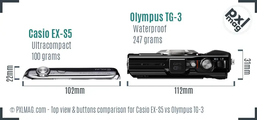 Casio EX-S5 vs Olympus TG-3 top view buttons comparison Casio EX-S5 vs Olympus TG-3 top view buttons comparison