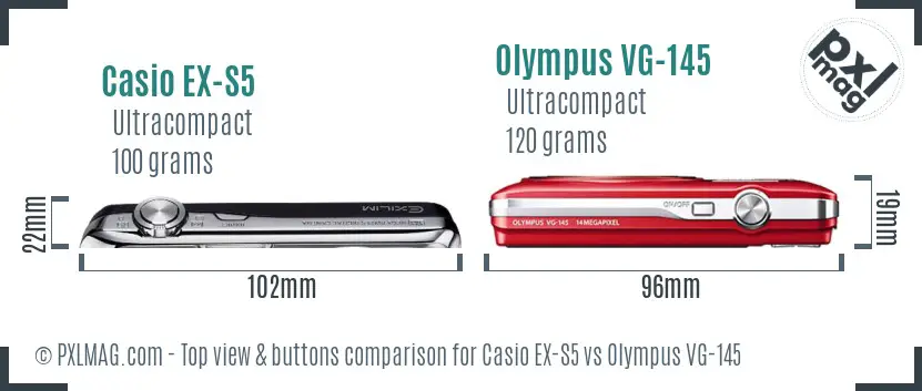 Casio EX-S5 vs Olympus VG-145 top view buttons comparison