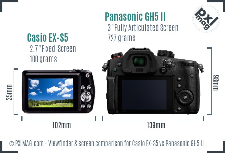 Casio EX-S5 vs Panasonic GH5 II Screen and Viewfinder comparison