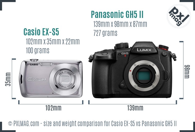 Casio EX-S5 vs Panasonic GH5 II size comparison