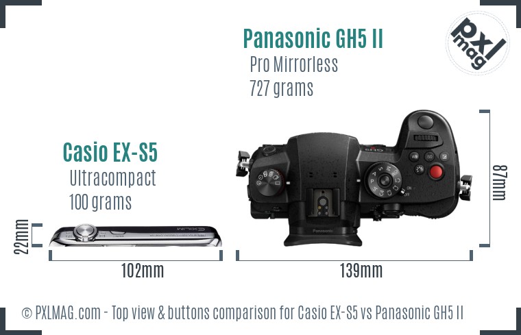 Casio EX-S5 vs Panasonic GH5 II top view buttons comparison