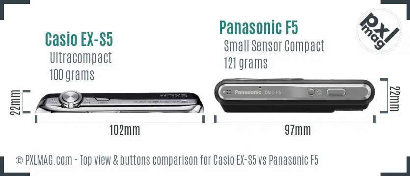 Casio EX-S5 vs Panasonic F5 top view buttons comparison Casio EX-S5 vs Panasonic F5 top view buttons comparison