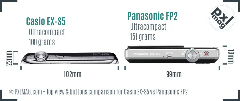 Casio EX-S5 vs Panasonic FP2 top view buttons comparison