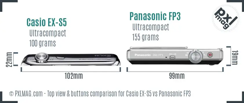 Casio EX-S5 vs Panasonic FP3 top view buttons comparison Casio EX-S5 vs Panasonic FP3 top view buttons comparison