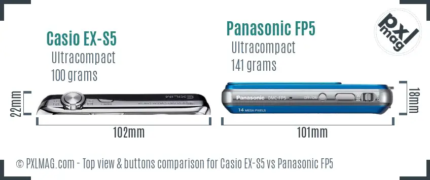 Casio EX-S5 vs Panasonic FP5 top view buttons comparison