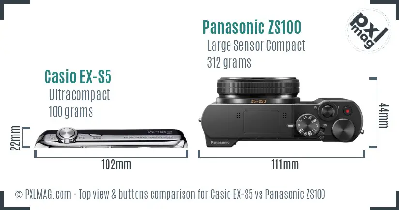 Casio EX-S5 vs Panasonic ZS100 top view buttons comparison