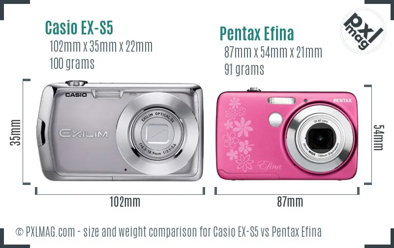 Casio EX-S5 vs Pentax Efina size comparison