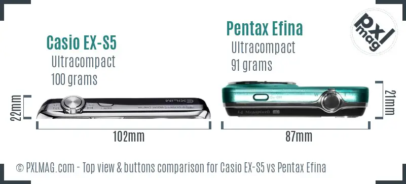 Casio EX-S5 vs Pentax Efina top view buttons comparison