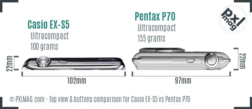 Casio EX-S5 vs Pentax P70 top view buttons comparison