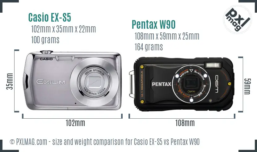Casio EX-S5 vs Pentax W90 size comparison